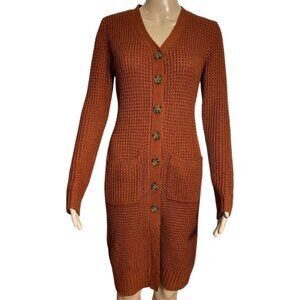 Pink Rose Rust Terracotta Waffle Knit Sweater Dress Long Cardigan - Size M